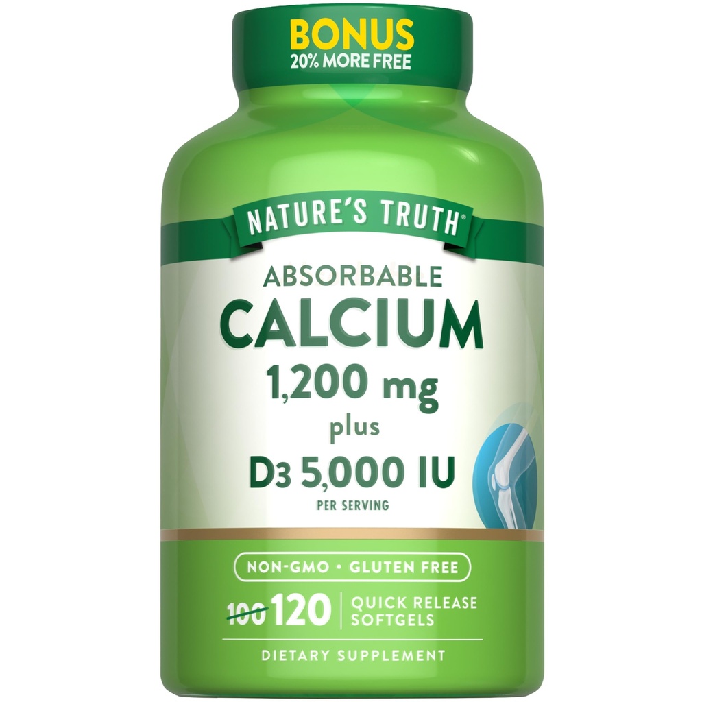 Nature's Truth Absorbable Calcium 1200 mg mit Vitamin D3 5000 IU | 120 Softgels | Calciumcarbonat | Non-GMO & Gluten Kostenlose Ergänzung