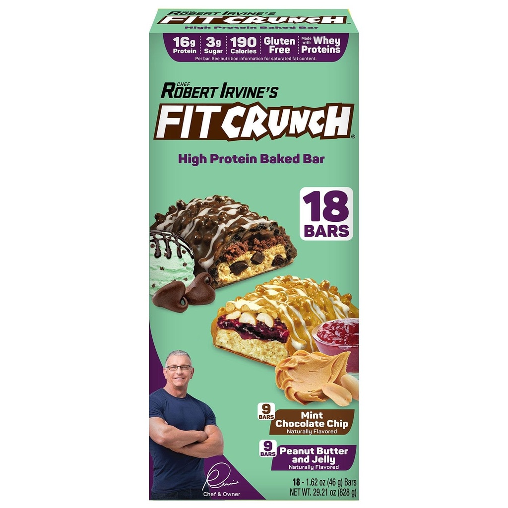 FITCRUNCH Protein Bars, Snack Size Variety Pack, sans gluten (18 barres, croustilles de chocolat à la menthe et gelée de beurre d'arachide)