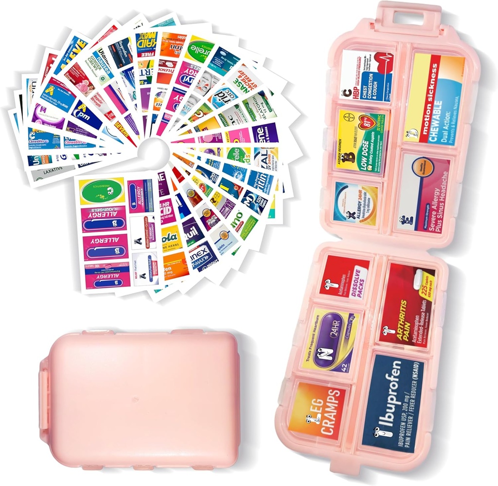 Pill Organizer mit Medizin Etiketten 161 Etiketten Travel Daily Pill Container Mini Medication Organizer Aufbewahrung Pill Organizer Reisen Essentials Pill Case 7 Day (Pink, 1 Pack)