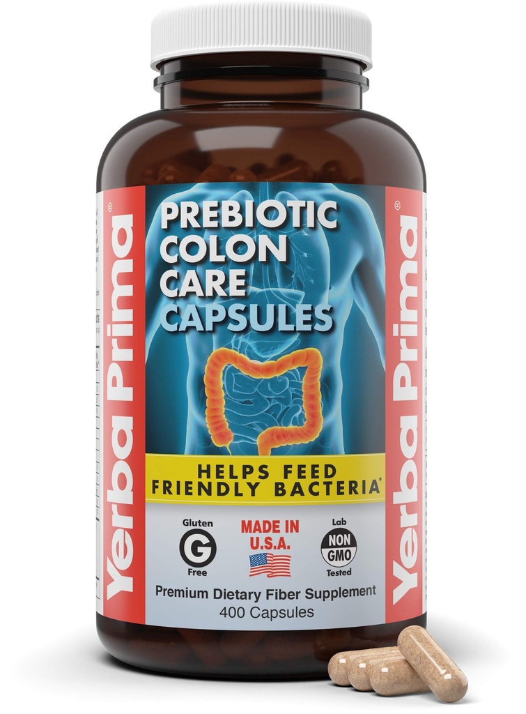 Yerba Prima Prebiotic Colon Care Kapseln, 400 Kapseln - Fünf Formen von Fiber Plus FOS Präbiotika - Diätetische Gesundheitsergänzung - Gesunde lösliche & unlösliche Fasern für Regelmäßigkeit & Verdauungsunterstützung