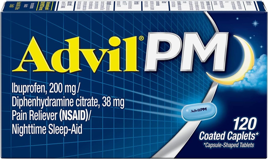 Advil PM (120 Count) Schmerzlinderung/Nachtzeit Schlafhilfe beschichtetes Caplet, 200mg Ibuprofen, 38mg Diphenhydramin (Pack von 2)