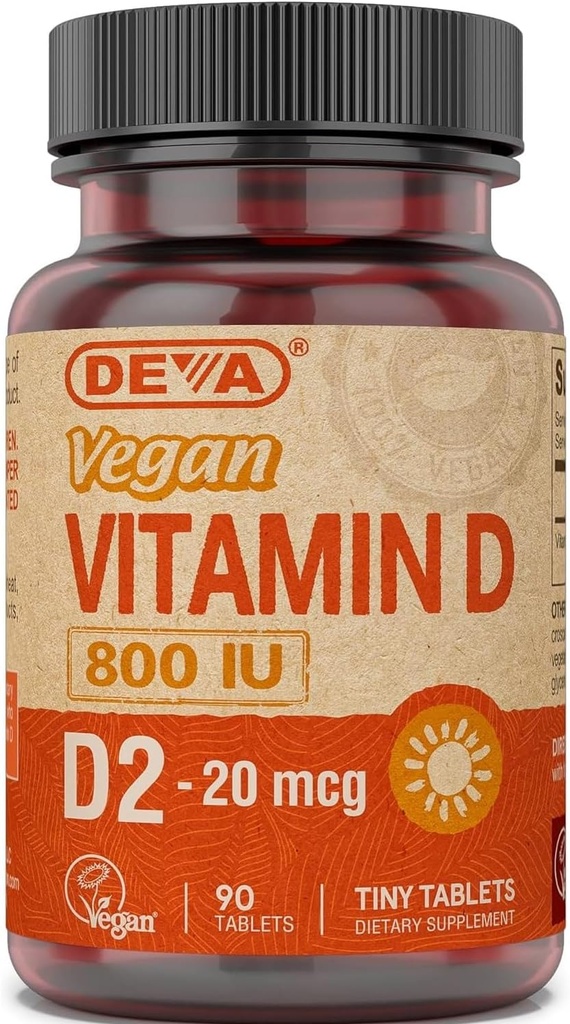 Deva Vegan Vitamin D2 800 IU, Ergocalciferol Supplement mit keinen tierischen Inhaltsstoffen, Schnellauflösen, 90 Tabletten, 1-Pack
