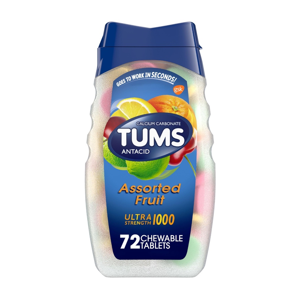 TUMS Comprimés antiacides ultra-forts pour le soulagement des brûlures d'estomac et l'indigestion acide, fruits assortis - 72 Compte