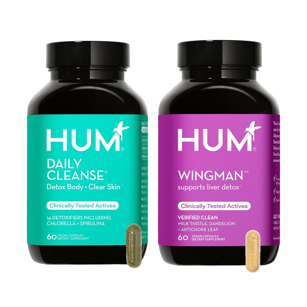 HUM Full Skin and Liver Health Supplement von Nutrition, Wingman und Daily Cleanse Eine Green Detox & Milk Thistle für Hautpflege und Lebergesundheit, 2 Pack Bundle, 60 Vegan Capsules