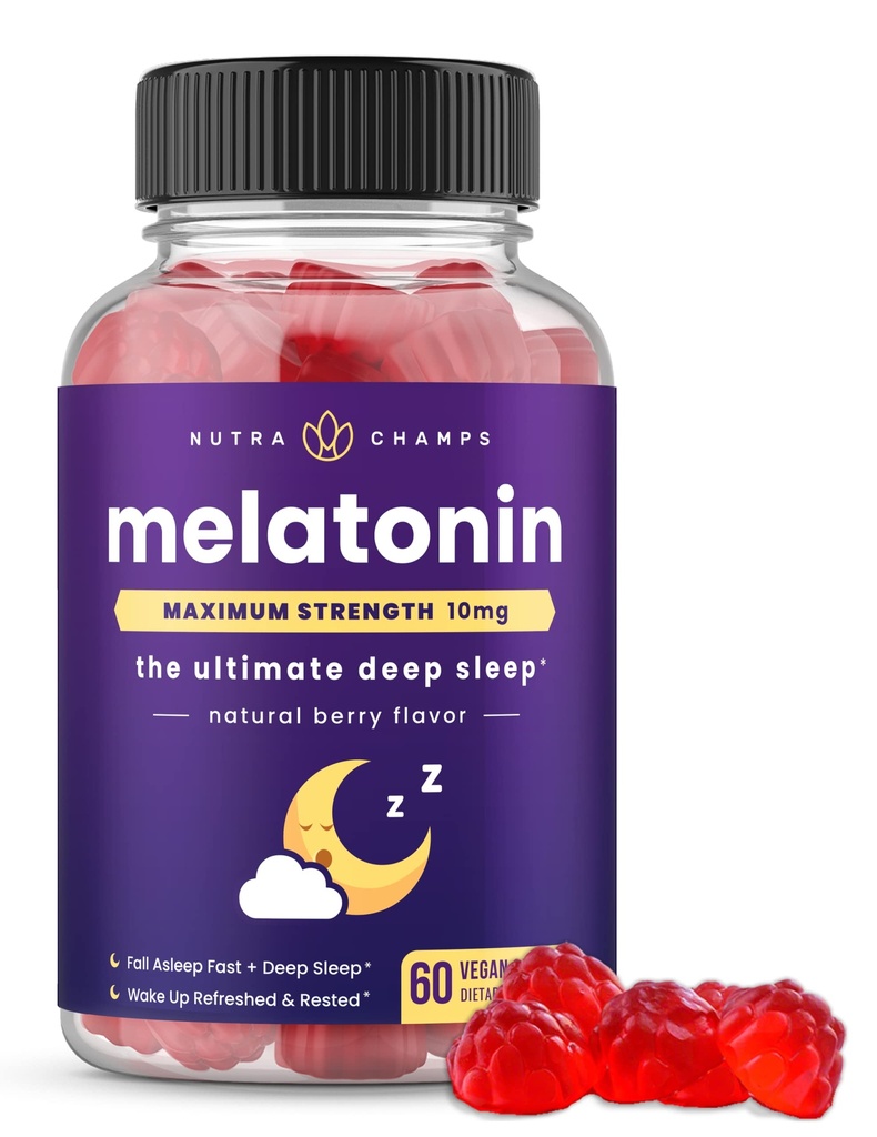 NutraChamps Mélatonine Gommies pour adultes, Vitamines d'aide au sommeil extra-forte, 5mg ou 10mg Dose, supplément naturel aux fraises végétaliennes pour mieux dormir, cycles de sommeil sains, 60 Gommies