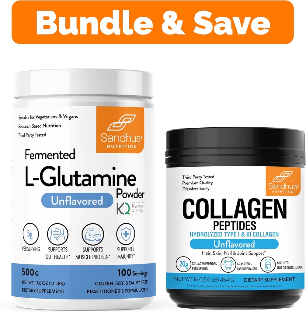 Sandhus L-Glutamin-Pulver 100 Servierungen, 500g, 17.6 Oz., Große Größe, 3 Monate Versorgung & Collagen Peptidpulver | Unterstützt Muskel, Gut Gesundheit, jugendliche Haut, Haar, Nägel & Mobilität