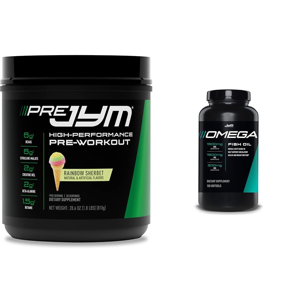 Supplément JYM Science Pré Jym Rainbet 30 portions et Omega JYM Huile de poisson 2800mg 120 Softgels
