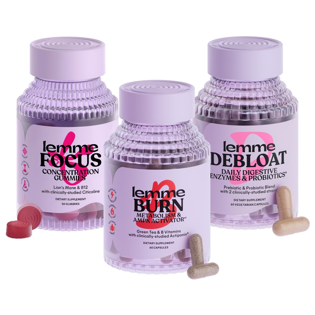 Lemme Burn, Debloat & Focus Bundle | Metabolismus & Fat Burning + Bloating & Gas Relief Kapseln + Fokus & Gehirn Gesundheit Gummie | Glutenfrei, Non-GMO | 60 Graf Kapseln & 50 Count Gummis
