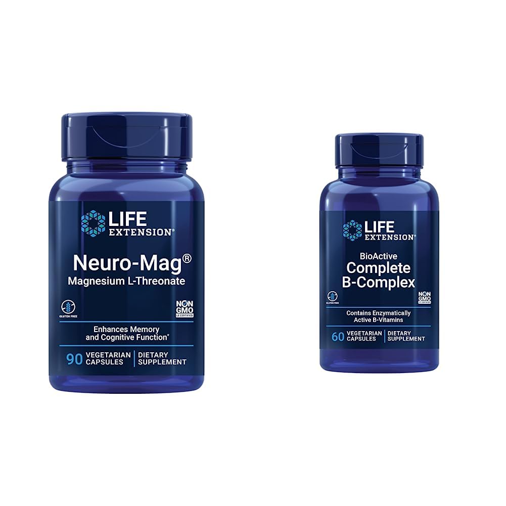 Life Extension Neuro-mag Magnesium L-Dreonat und Bioactive Komplett B-Komplex für Gehirn, Herz und Nervenunterstützung