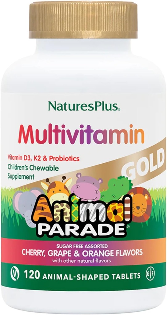 NaturesPlus Tier Parade Gold Kinder Multivitamin - Verschiedene Kirsche, Orange & Trauben Flavors - 120 Tier-Shaped Kautabletten, Packung 4 - Vegan, Glutenfrei - 240 Gesamt Servierungen