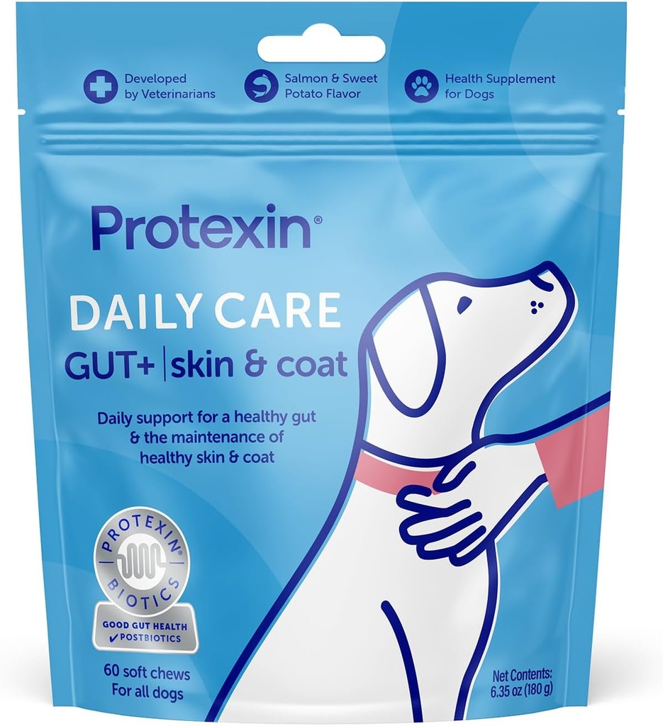 Protexin Daily Care Gut+ Skin & Coat | 60 Hundekäse, Lachs und Süßkartoffel Aroma Hundeergänzung | Probiotics für Hunde, Hund Postbiotics