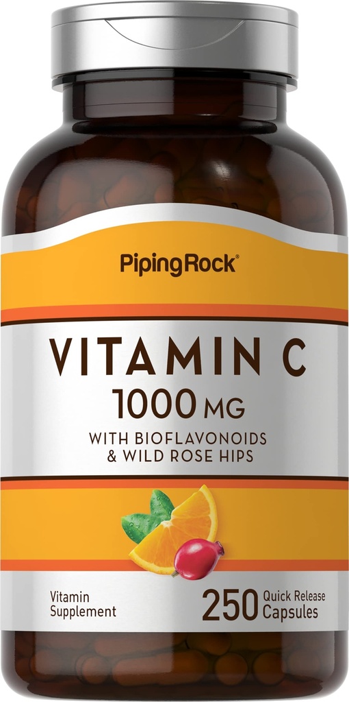 Piping Rock Vitamin C 1000mg | 250 Kapseln | mit Bioflavonoiden und Rose HIPS | Ergänzung für Frauen und Männer | Non-GMO, Glutenfrei
