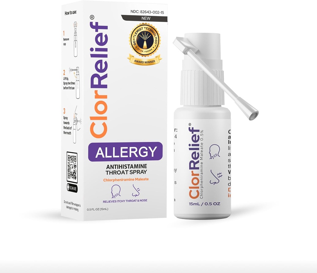 ClorRelief Antihistamine Throat Spray for Allergies – Chlorpheniramine 0.5 FL Oz – Relief for Itchy Throat, Sneezing, & Allergy Symptoms – Non-Drowsy, Adult Use
