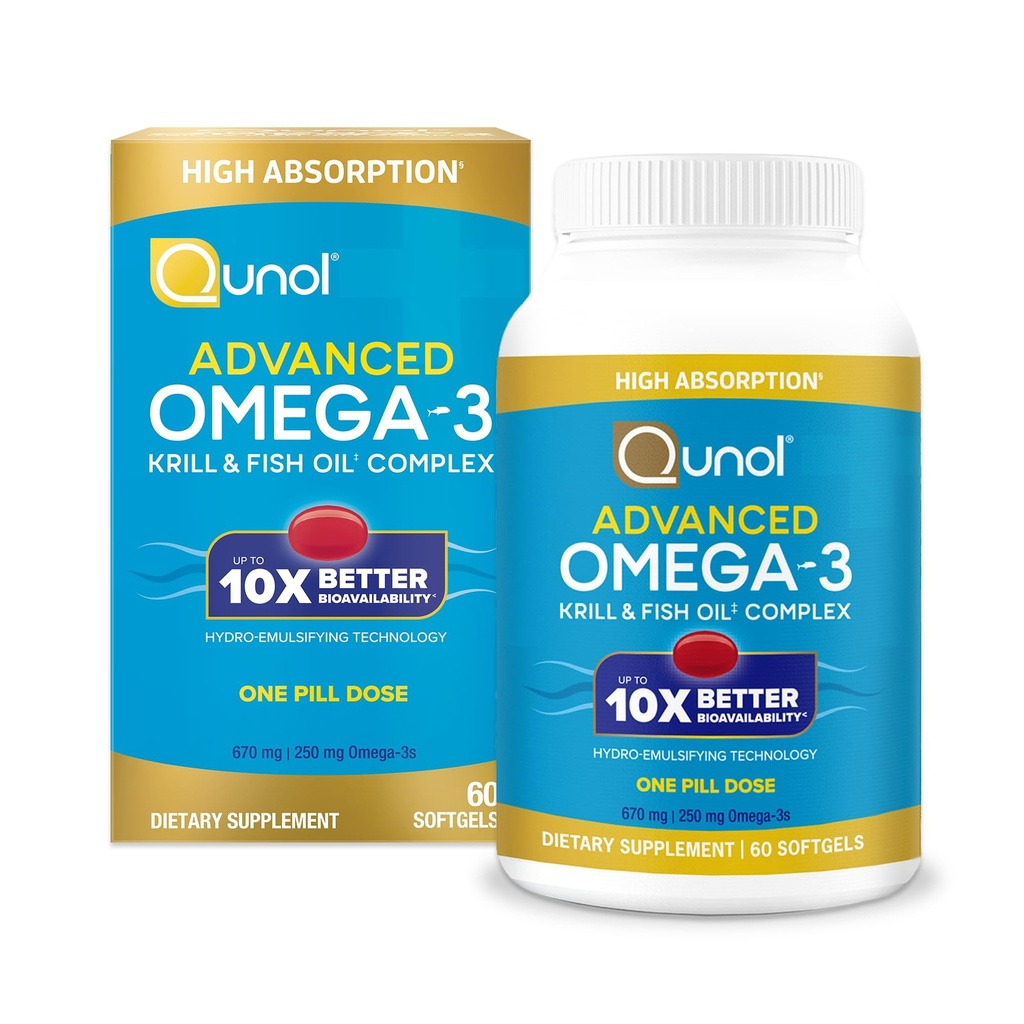 Qunol Advanced Omega 3 Krill und Fish Oil Complex, 10x Bessere Bioverfügbarkeit, Eine Pille Dose, 250mg EPA & DHA, unterstützt Gehirn, Auge, Herz und Gelenke Gesundheit, 60 Zähler (Pack von 1)