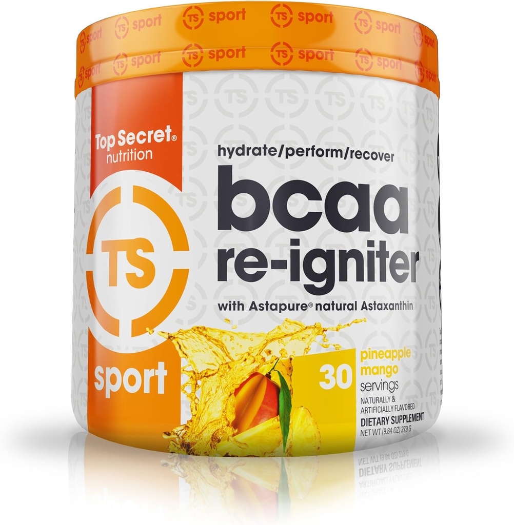 Top Secret Nutrition BCAA Re-Igniter Vegan Aminosäure Supplement mit Astaxanthin und Elektrolyt, Hydration Blend mit Kokoswasser, 9.84 Unze (30 Portionen), Ananas Mango