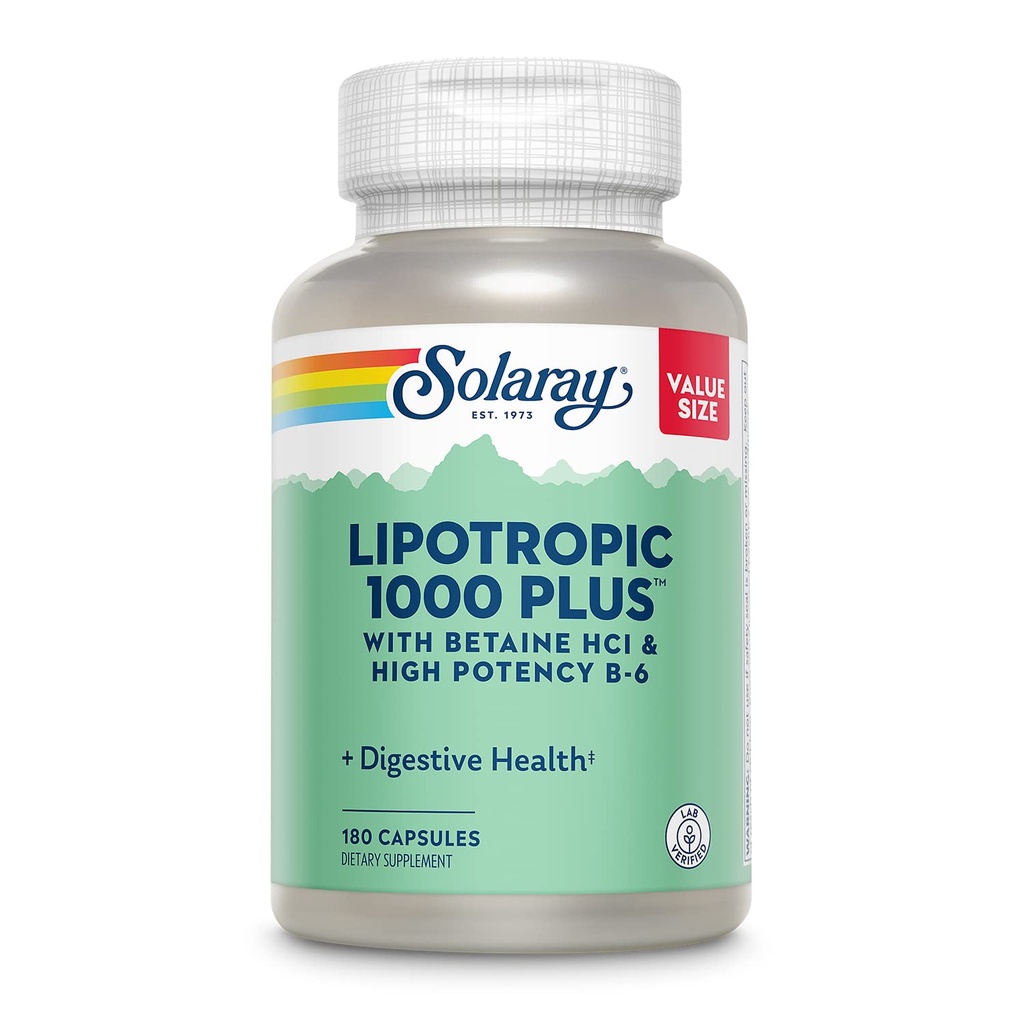 SOLARAY Lipotropic 1000 Plus mit Betaine HCl & Hohe Potenz B-6, Gesunde Verdauung, Energie und Fette Stoffwechselunterstützung, Lipotropic Complex Plus Aloe Vera, 60 Tage Garantie, 30 Portionen, 180 Kapseln