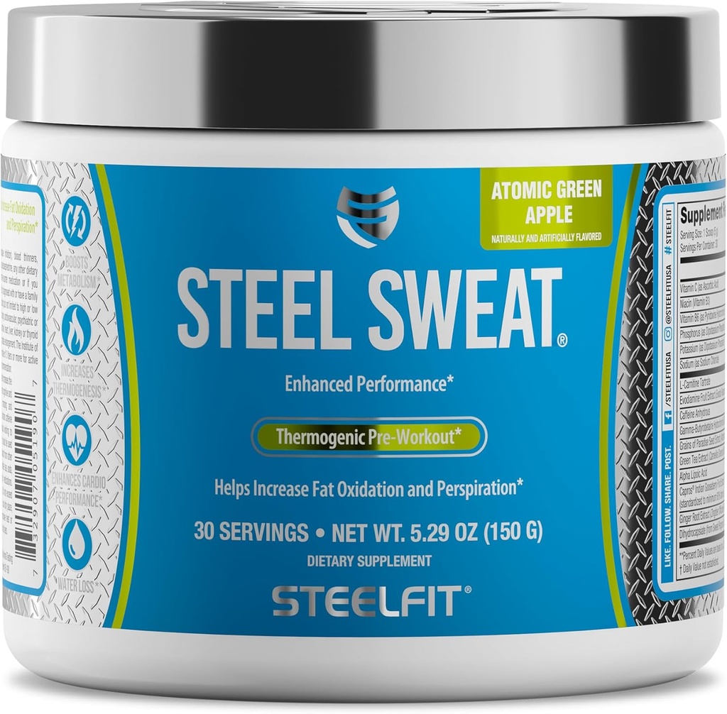 SteelFit Steel Sweat Fat-Burning Pre Workout | Boost Stoffwechsel, Energie erhöhen, Brennen Fett & Kalorien | Green Apple, 30 Portionen