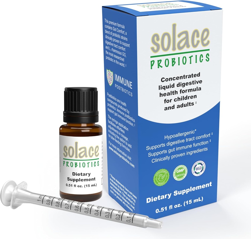 Solace Probiotics Flüssige Formel für Erwachsene und Kinder - Konzentrierte Mischung für Verdauungs- und Immunität, Klinisch getestet, Einfache Syringe Anwendung, Allergiker - 15mL