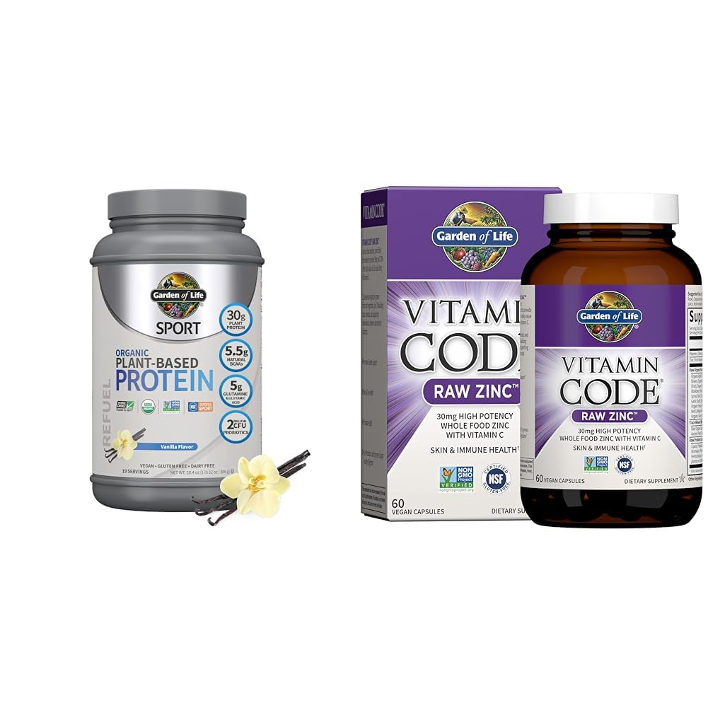 Garden of Life Bio Vegan Sport Protéines Poudre, Vanille - Probiotiques, BCAAs, 30g Protéines végétales et suppléments de zinc 30mg Zinc brut à haute puissance et supplément multiminéral vitamine C