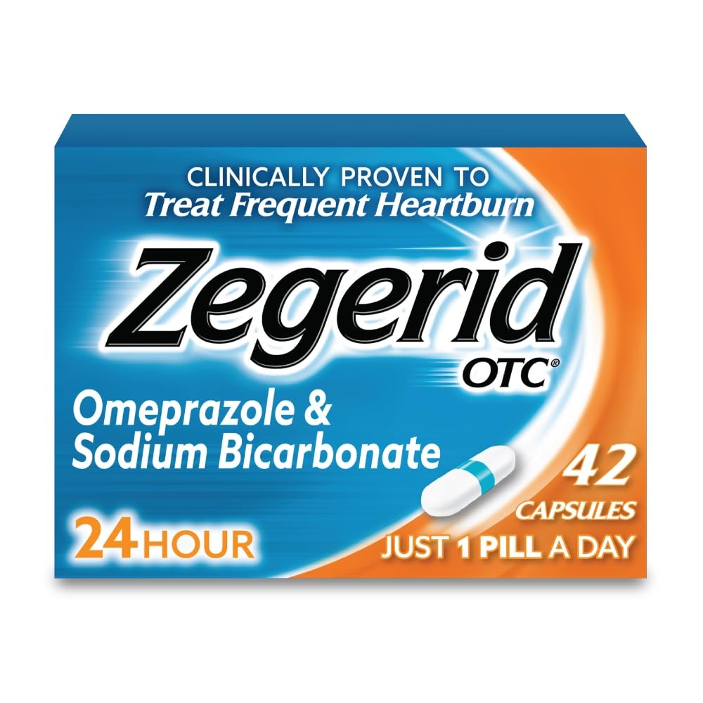 Zegerid OTC, 24-Stunden-Herzbrand-Relief, Säure-Refrlux-Medizin und Antazie, Treats-Frequent Sodbrennen, Omeprazol 20mg + Natriumbicarbonat, Proton Pump Inhibitor (PPI), 42 Kapseln