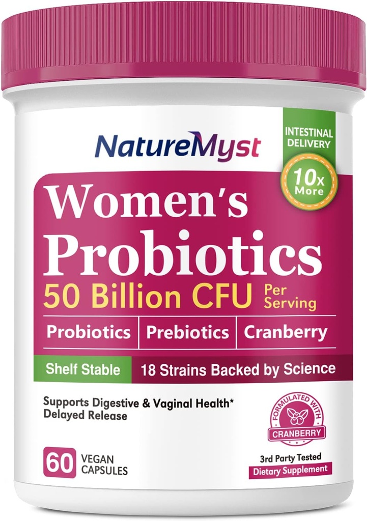 Femmes Probiotiques, 50 milliards UFC, 18 souches pour les femmes, plus prébiotique et canneberge, soutien digestif, vaginal et urinaire santé, plateau stable, 60 capsules véganes à libération retardée