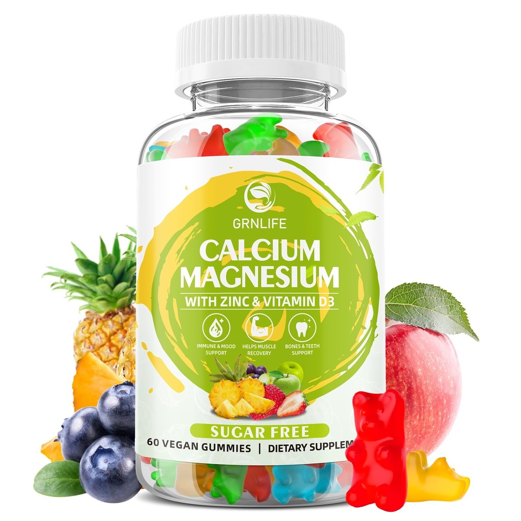 Supplément de zinc de magnésium de calcium avec vitamine D3, Gommies de calcium sans sucre pour les femmes hommes, Gommies de magnésium de haute puissance pour les os et les muscles et la santé immunitaire, arômes mixtes - 60 Comte