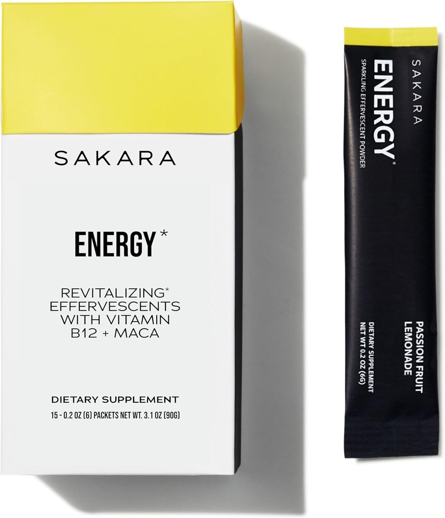 SAKARA Energy Effervescents, 15 Packungen - Raffinierte zuckerfreie Elektrolyt-Pulverpackungen mit Vitamin B12 & L Theanin, Flavored Water Packets, Hydration Powder, Energy Drink Electrolyte Powder