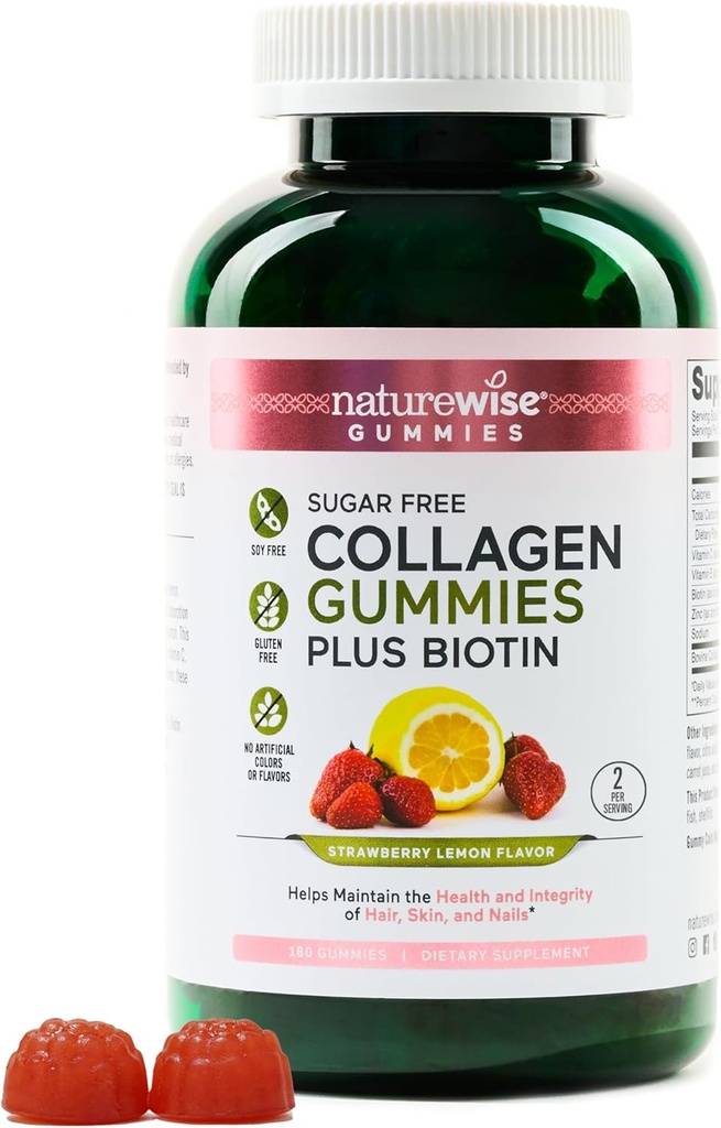 NatureWise Collagen Gummies - Sugar-Free Hydrolyzed Collagen Gummies - Typ 1 & 3 Peptide für Damen + Biotin, Vitamin C, E, & Zink für Haar Haut und Nägel Unterstützung - 180 Count[3-Monat Versorgung]