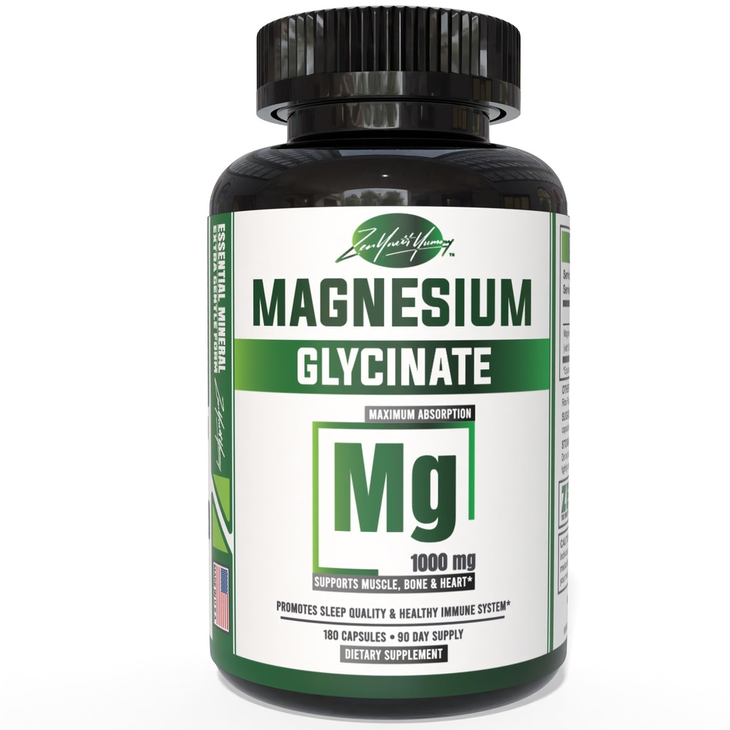 ZYY Glycinate de magnésium pur Capsules 1000mg de force maximale, Chélaté pour supplément de magnésium à haute absorption pour le sommeil, les muscles, le cerveau, les os et la santé cardiaque, 3ème partie testée, 180 capsules