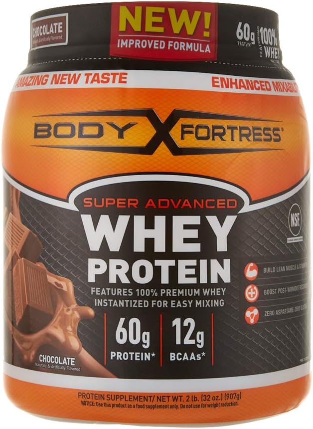 Body Fortress Super Advanced Whey Protein Pulver, Schokolade geflammt, Glutenfrei, 2 Lb
