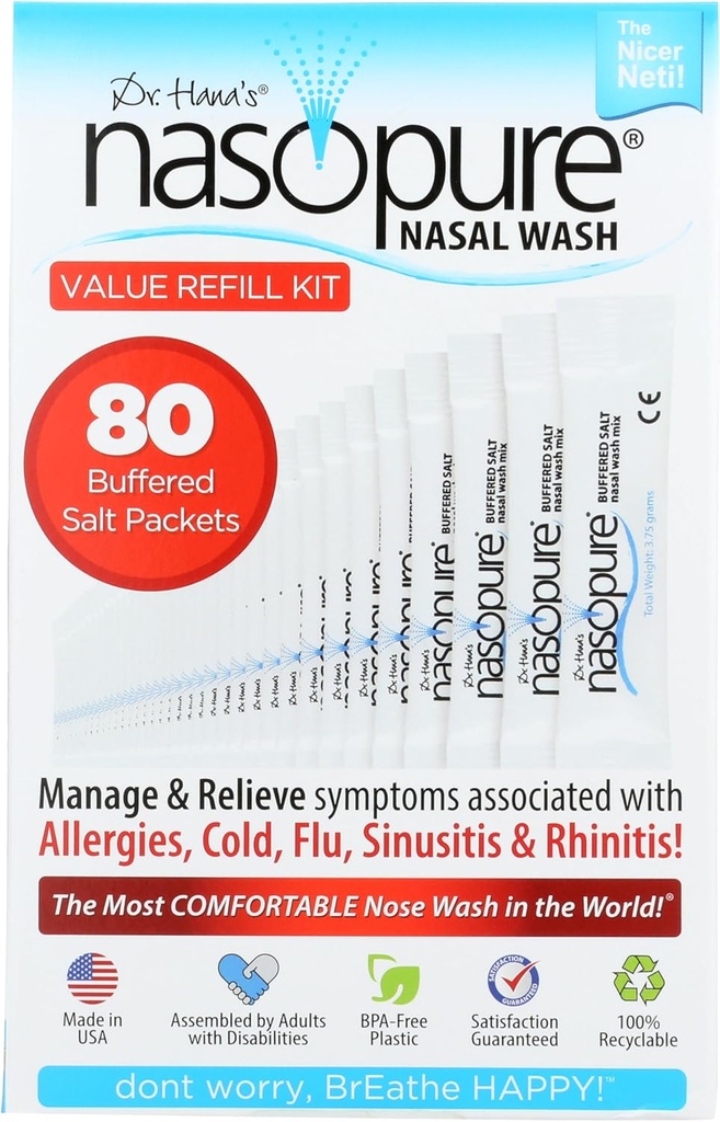 Nasopure Nasal Wash, Wert-Refill-Kit, “The Nicer Neti Pot” Sinus Wash Kit, Komfortable Nasal Rinse 80 Salzpakete (3.75 Gramm pro), Nasal Congestion, Cold, Flu, Allergy, Nasal Bewässerungssystem