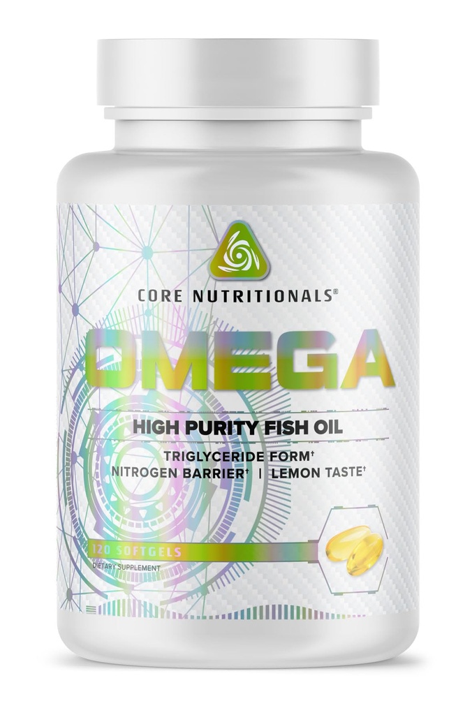 Core Nutritionals Omega High Purity Fish Oil | Triglycerid Form EPA & DHA | 1300mg Omega-3s | Brain & Heart Health Support | Lemon Taste | 120 Softgels