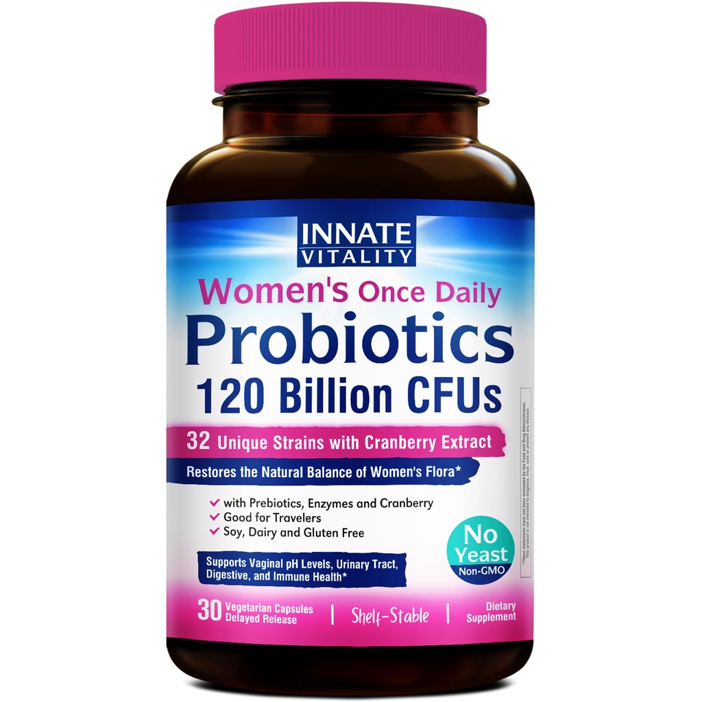 Vitalité innée Probiotiques pour les femmes, 120 milliards d'UFC, 32 souches testées, probiotiques pour les femmes, contrôle des levures, soutien du pH vaginal, prébiotiques, enzymes digestives, canneberge, une fois par jour 30 capsules de légumes