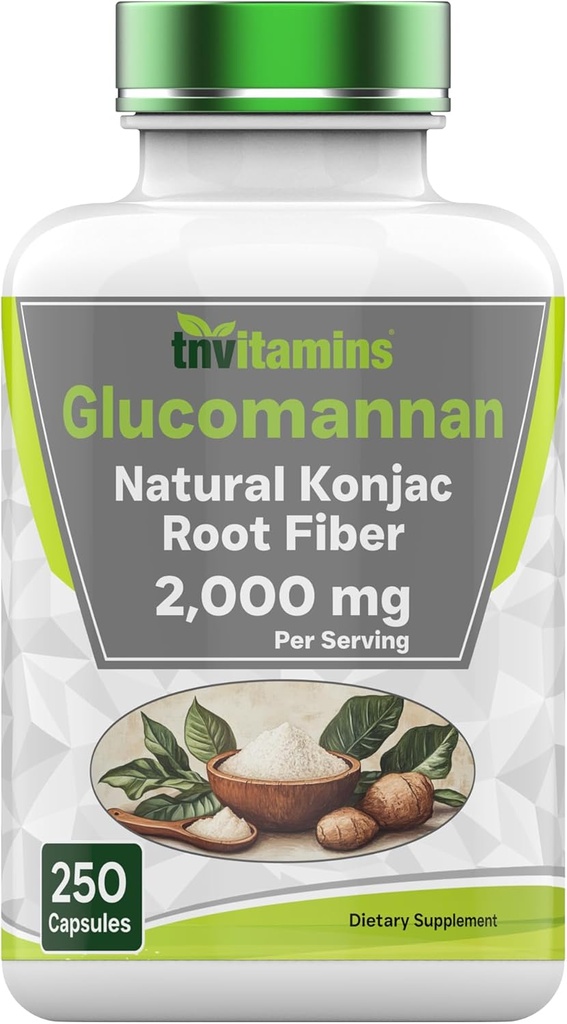 tnvitamines Glucomannan Capsules 2000 MG - 250 Count | Natürliche Konjac Wurzelfaser-Extrakt-Pulver-Ergänzung | Soluble, Dietary, & Digestive Fiber Pillen | Produziert in den USA | Non-GMO & Gluten Free