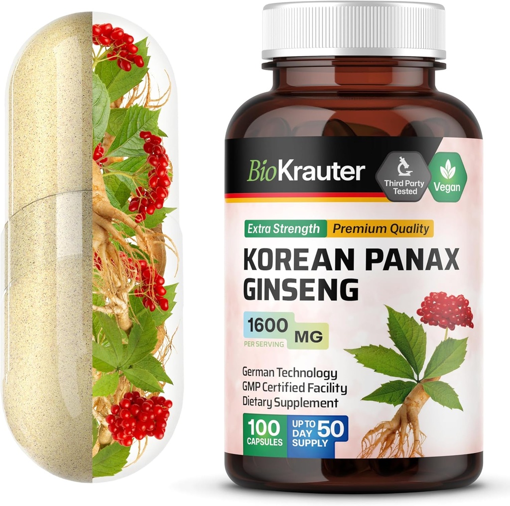 BIO KRAUTER Korean Red Ginseng Kapseln - 1600 mg Stärke - 100 Count - Korean Panax Ginseng Supplement - Vegan Immunergänzung