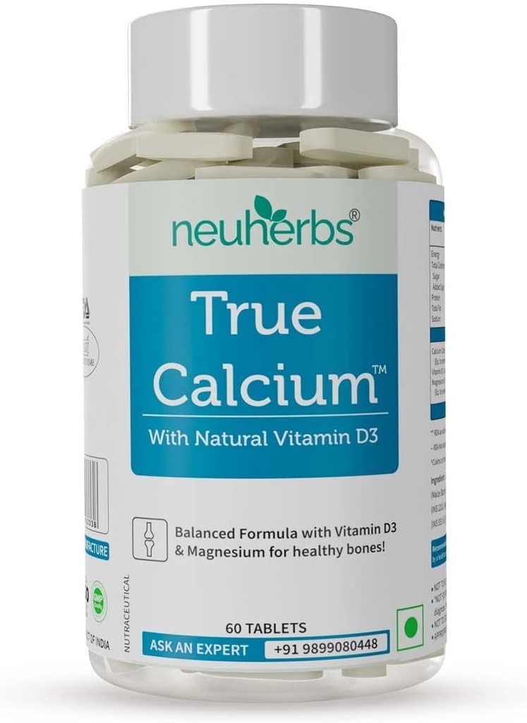 Tru Calcium 1000mg Supplement für Männer und Frauen mit pflanzlichen Vitamin D3 & natürliches Magnesium für gesunde Knochen - 60 Vegan Tabletten