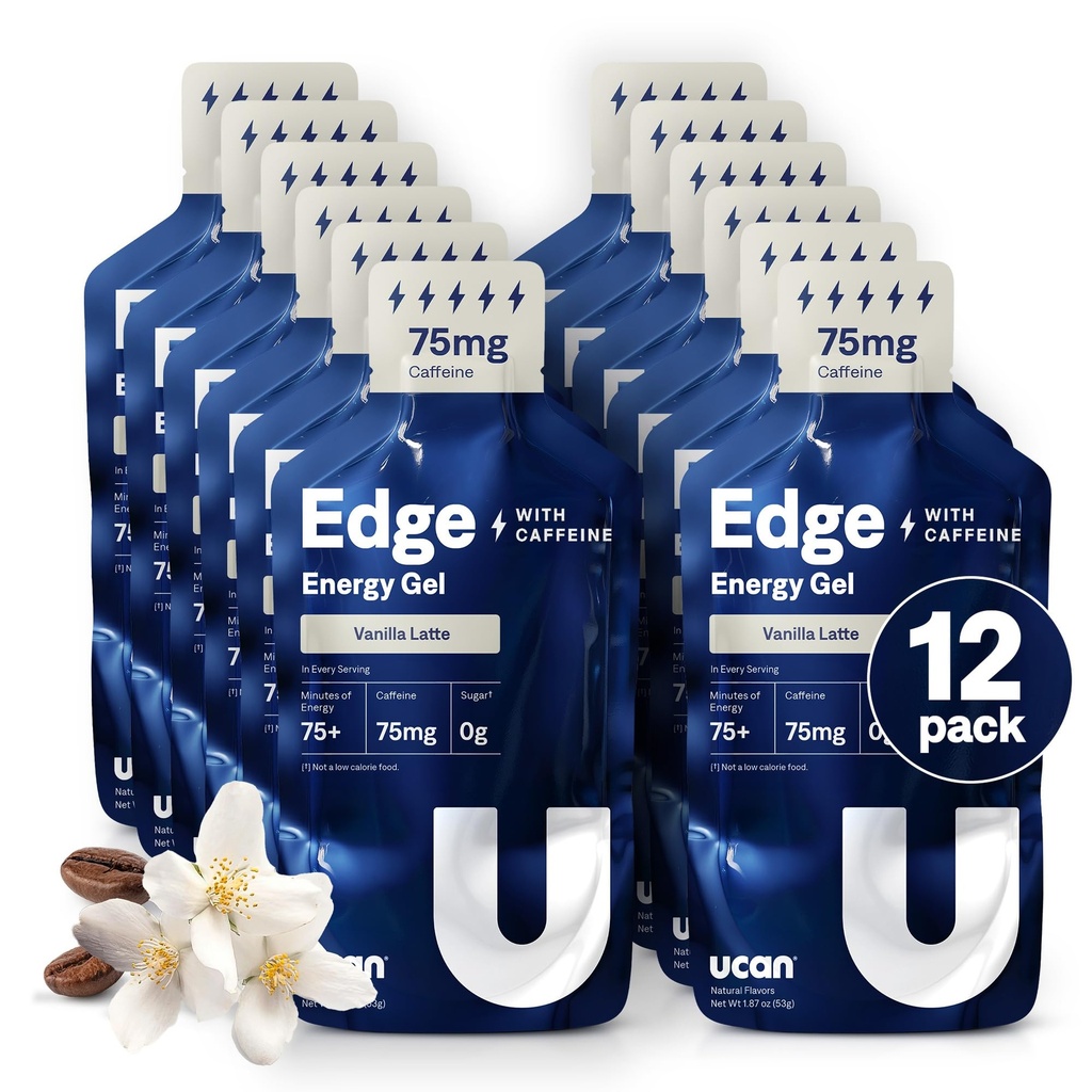 UCAN Edge Energy Gel Shots, Vanilla Latte + Caféine (12, 2 Once Packets) pour la course, l'entraînement, les séances d'entraînement, la condition physique, le vélo, Crossfit