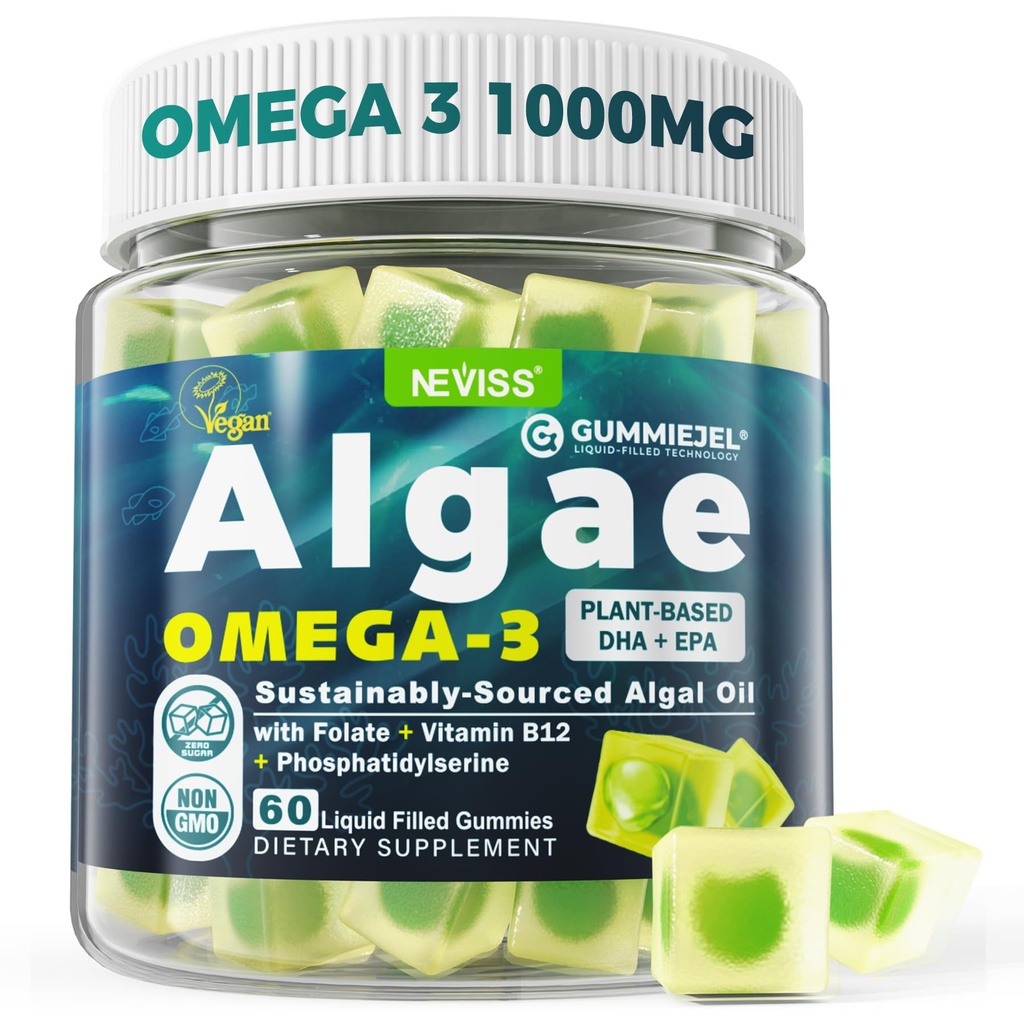 Omega-3 végétalien pour adultes, huile de poisson alternative à l'huile d'algues, base végétale DHA 460mg & EPA 230mg Plus MéthylFolat, vitamine B12, Phosphatidylsérine, Pas de goût de poisson, végétalien, sans sucre, 60 Cts