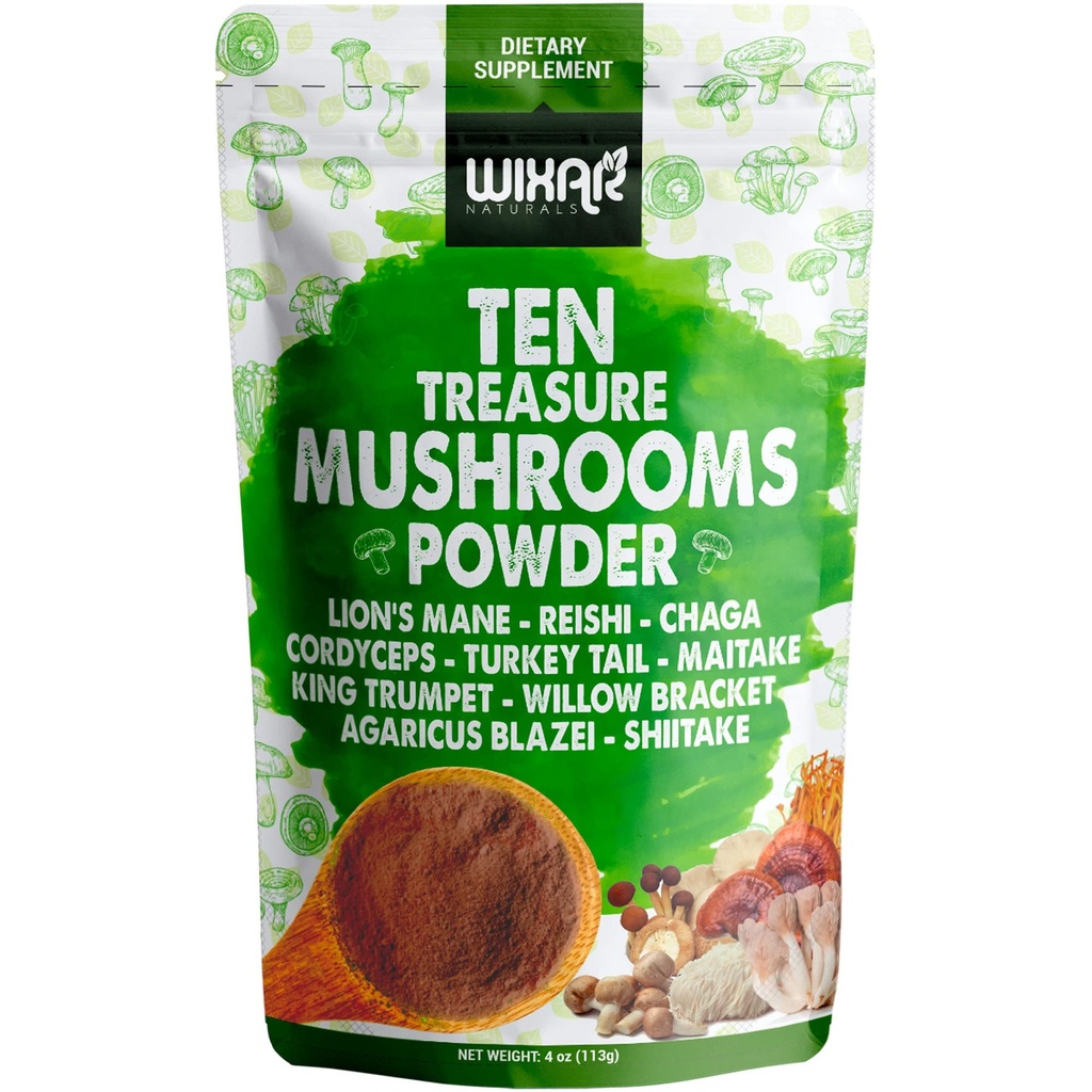 Wixar Mushroom Powder - Ten Treasure Mushrooms Extrakt Ergänzung Mischung für Kaffee & Smoothies - Lions Mane, Turkey Tail, Reishi, Chaga, Shiitake, Cordyceps, Complex - 4oz Mushroom Supplement