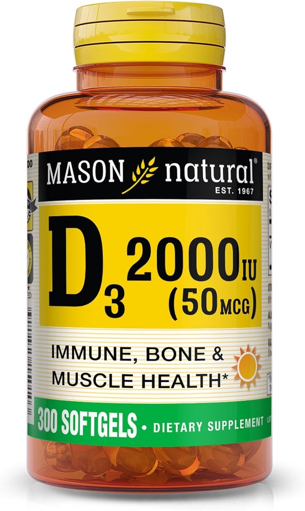 MASON NATURAL Vitamin D3 2.000 IU Ultra Strength, unterstützt Knochendichte, Stärke und Immungesundheit, 300 Softgels
