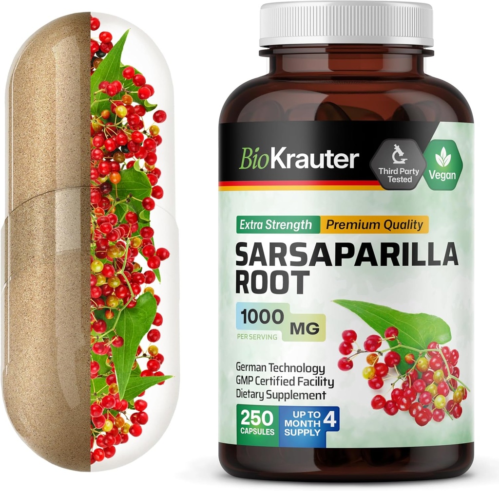 BIO KRAUTER Sarsaparilla Wurzelkapseln - 1000 mg Stärke - 250 Vegan Sarsaparilla Extrakt Kapseln - keine Füllstoffe