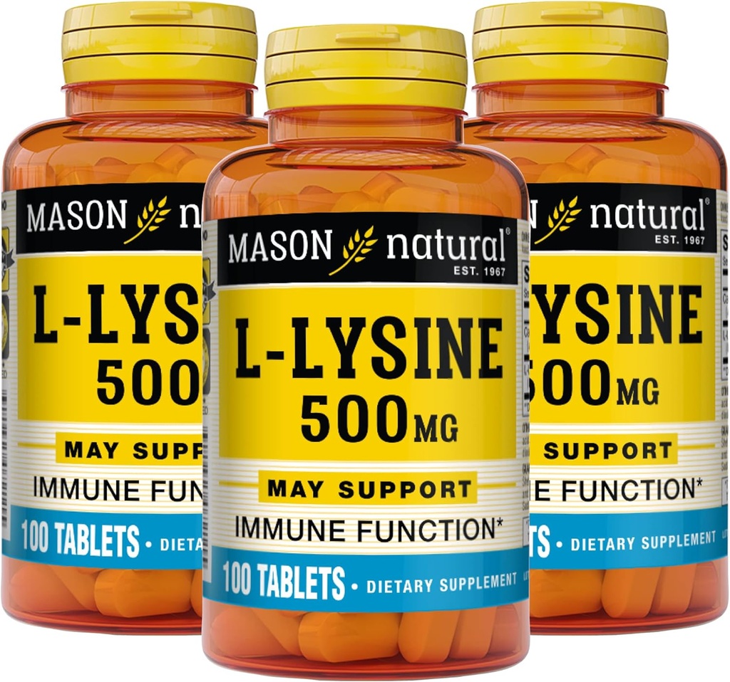 MASON NATURAL L-Lysine 500 mg mit Calcium - Verbesserte Immunfunktion, Verbesserte Nährstoffaufnahme, essentielle Aminosäure, 100 Tabletten (Pack mit 3)