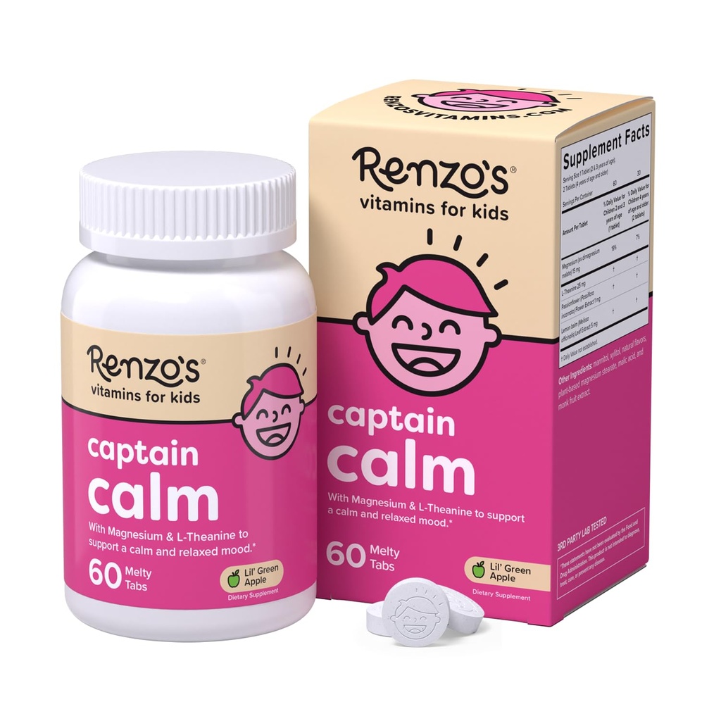 Supplément de magnésium Captain Calm Kids de Renzo avec L-Theanine, Vitamines pour enfants dissolvables pour la détente et le soutien de l'humeur, Tables sans sucre, Saveur de pomme verte, 60-Count (1-2 mois d'approvisionnement)
