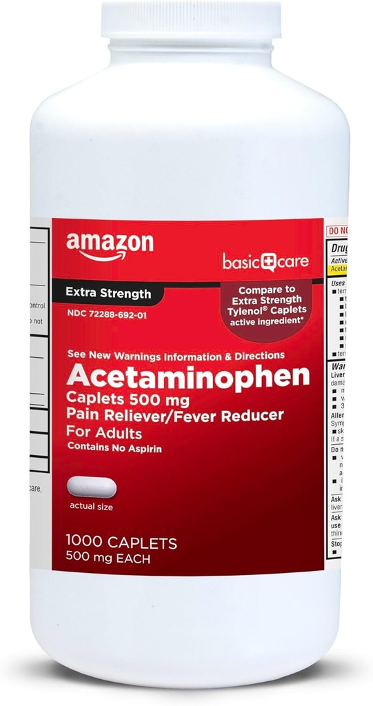 Basic Care Extra Strength Pain Relief, Acetaminophen Caplets, 500 mg, 1000 Count (Verpackung kann variieren)