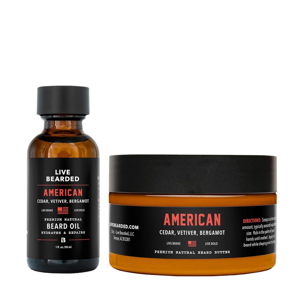 Live Bearded Beard Oil and Butter Grooming Kit - Hergestellt in den USA - All-Natural Zutaten mit Shea, Argan, Jojoba - Wachstumsunterstützung | American Scent - Zedern, Vetiver, Bergamotte