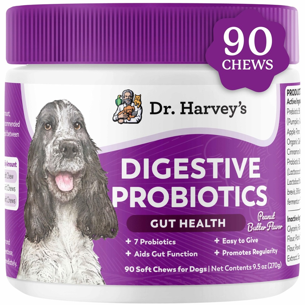 Dr. Harvey's Digestive Probiotic Soft Chews for Dogs, 9 Probiotics for Gut Health, Diarrhea and Bowel Support, Peanut Butter Flavor (90 Chews)