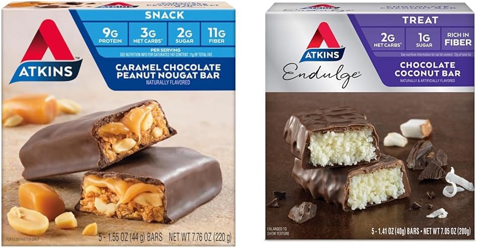Atkins Caramel Schokolade Peanut Nougat Snack Bar, 5 Graf und Schokolade Coconut Bar, 5 Graf Bundle