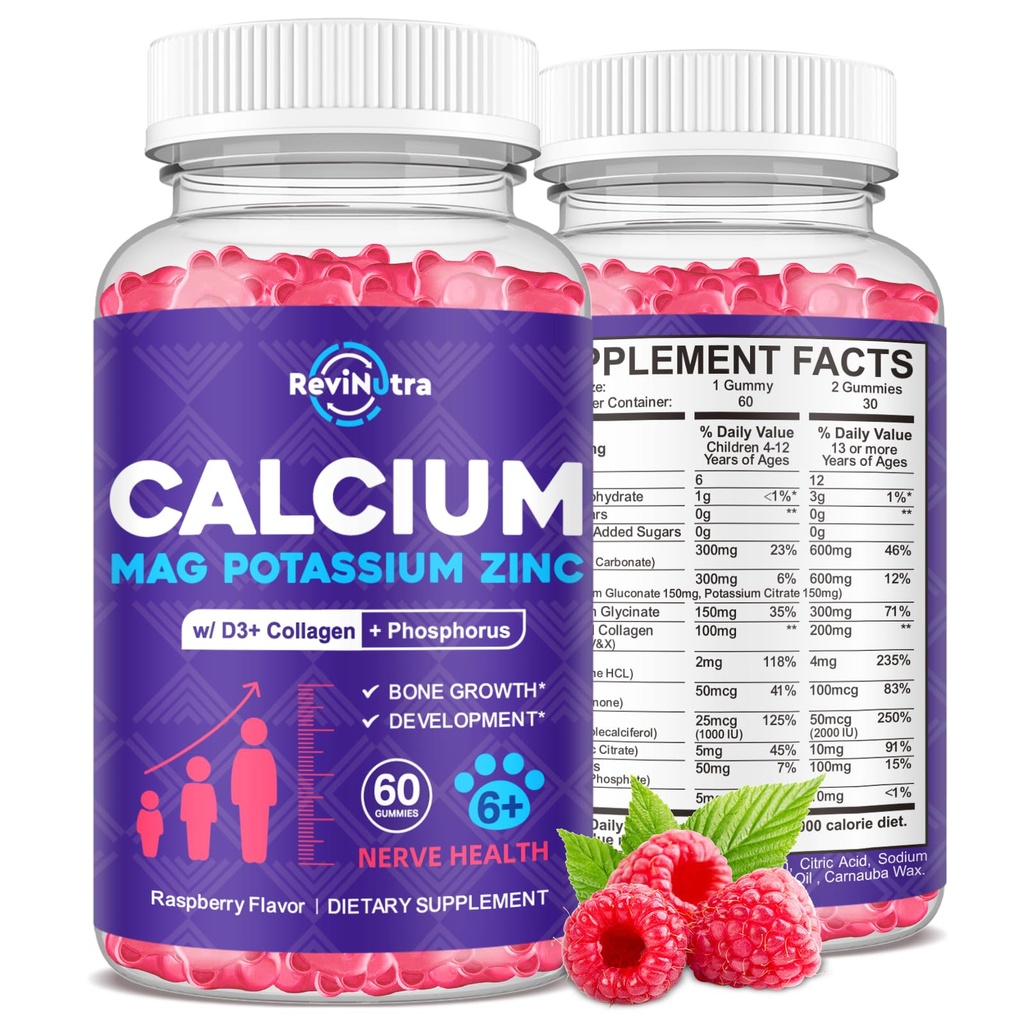 Calcium Kalium Magnesium Gummi für Kinder & Erwachsene, mit hydrolysiertem Kollagen, Zink, Phosphor, Multivitamin für Schlaf, Knochenstärke, Dichte Unterstützung, Zuckerfrei, Himbeer 60 Gummi