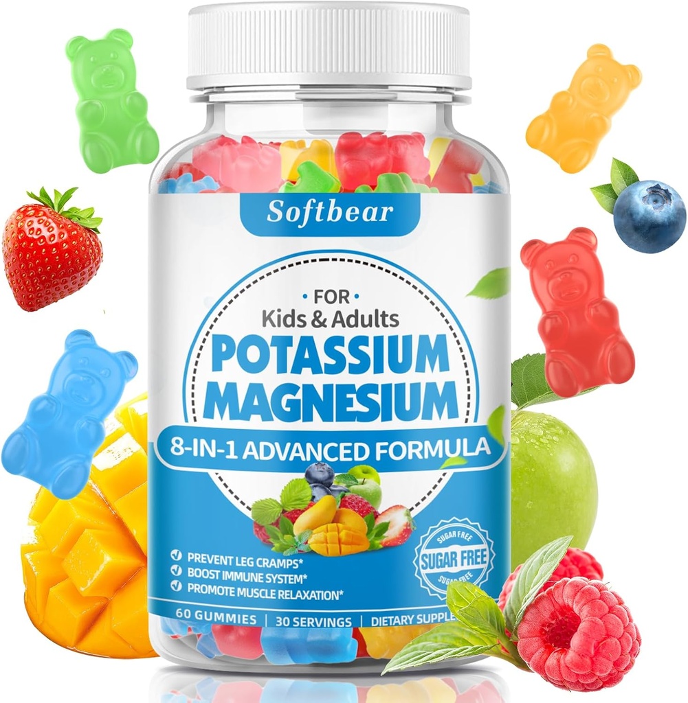 Weichbear Kalium Gummi für Erwachsene, Hohe Absorption Kalium Magnesium Ergänzung mit Vitamin B6 CoQ10 für Leg Cramps & Muskel Gesundheit Zuckerfreie Vegan gemischte Frucht Flavor 60 Gummis