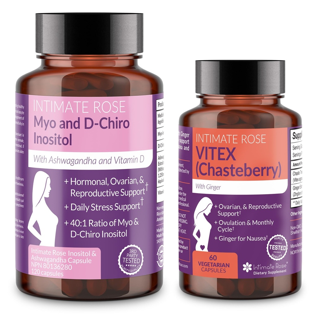 Ensemble d'équilibre hormonal pour femmes de Rose intime – Myo-Inositol & D-Chiro Inositol + Vitex Chasteberry – Suppléments pour la santé reproductive et le soutien menstruel